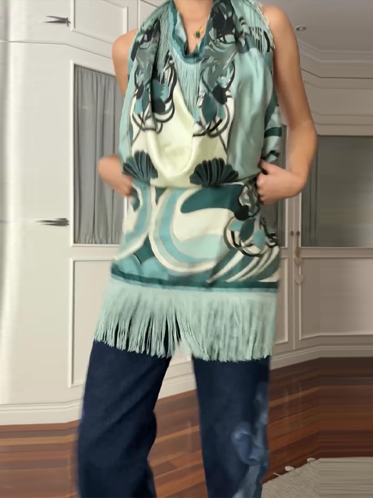 Vintage Fashion Ai - Écharpe carrée vintage imprimée à franges