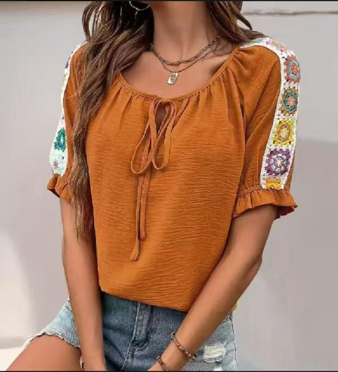 Crochet Top Boho - Chemisier Bohème Femme à Nœud sur